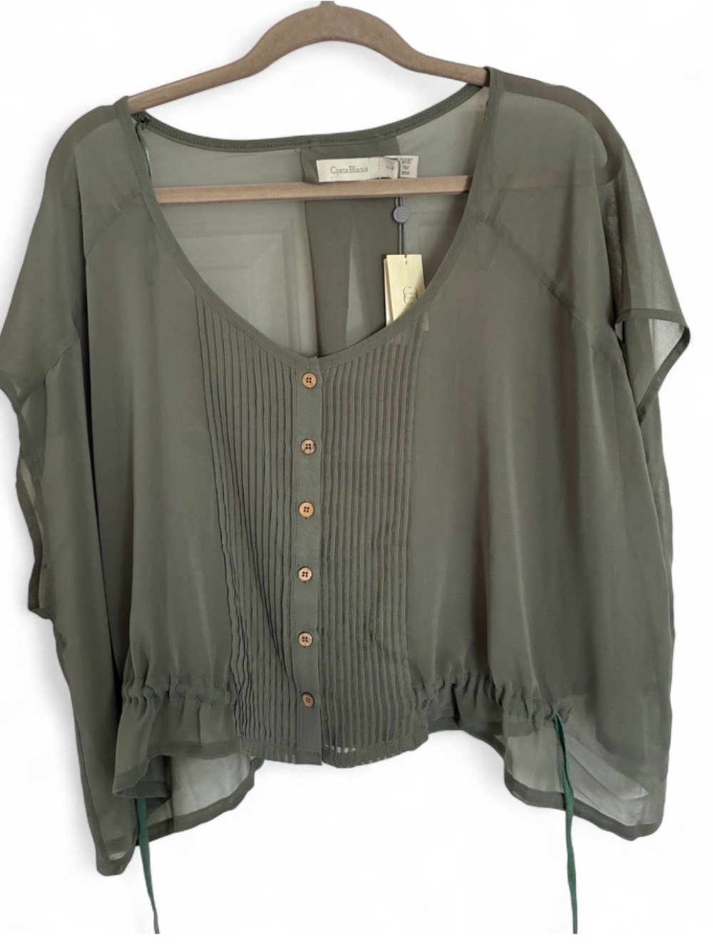Costa Blanca Sage Sheer Chiffon Button-Front Boxi Blouse S/M